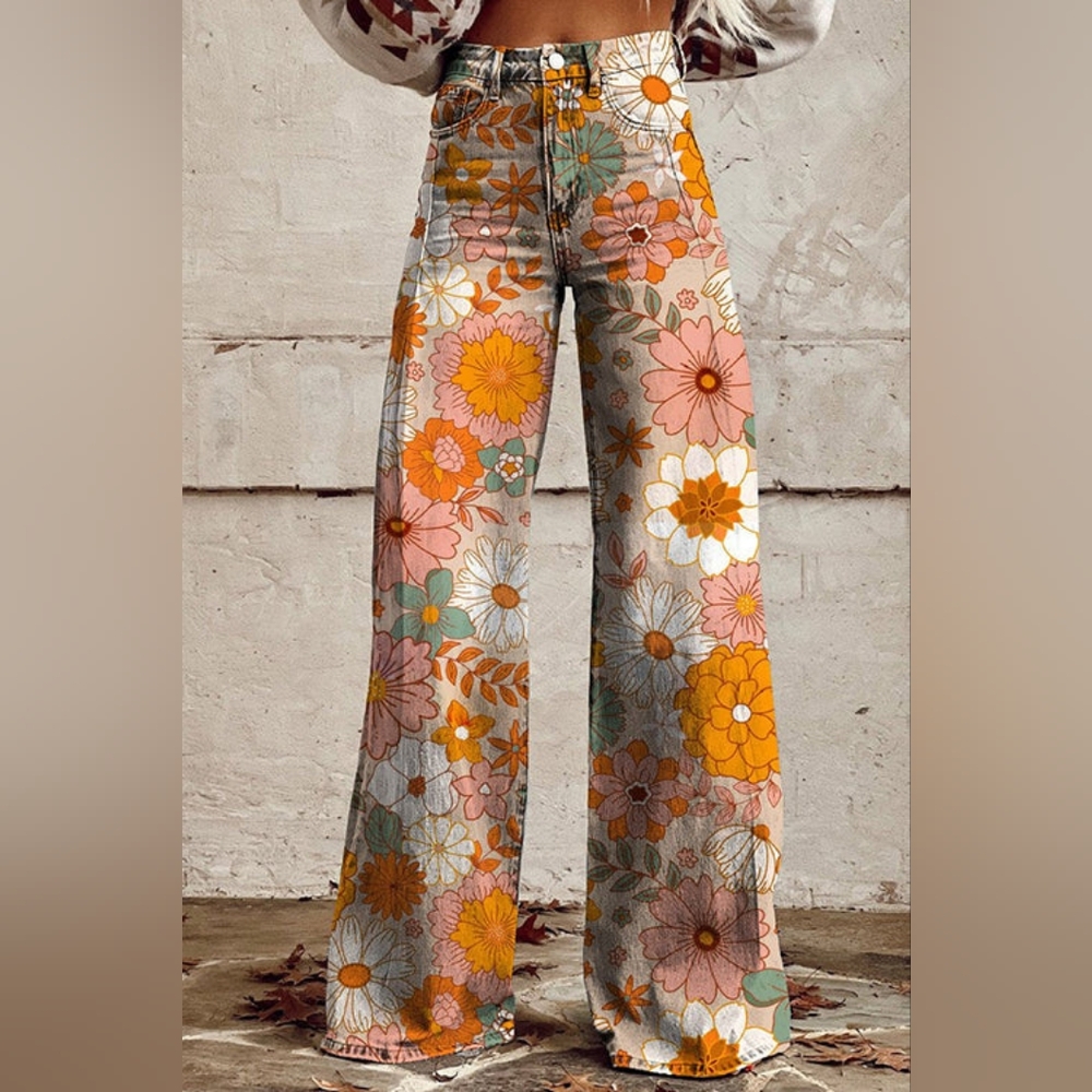 Orange Floral Wide Leg Pants - Size 28 - Margovil - New Without Tags